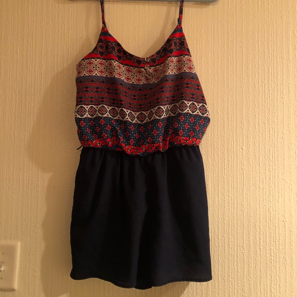 Women’s romper orange and navy blue Aztec design pattern sleeveless adjustable